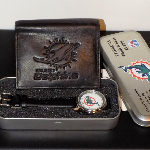 Vintage Miami Dolphins NFL Game Time Super Bowl Watch & Leather Wallet Bundle - Picture 1 of 14